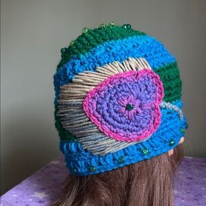 Handmade peacock feather Crochet Beanie medium single stand acrylic soft